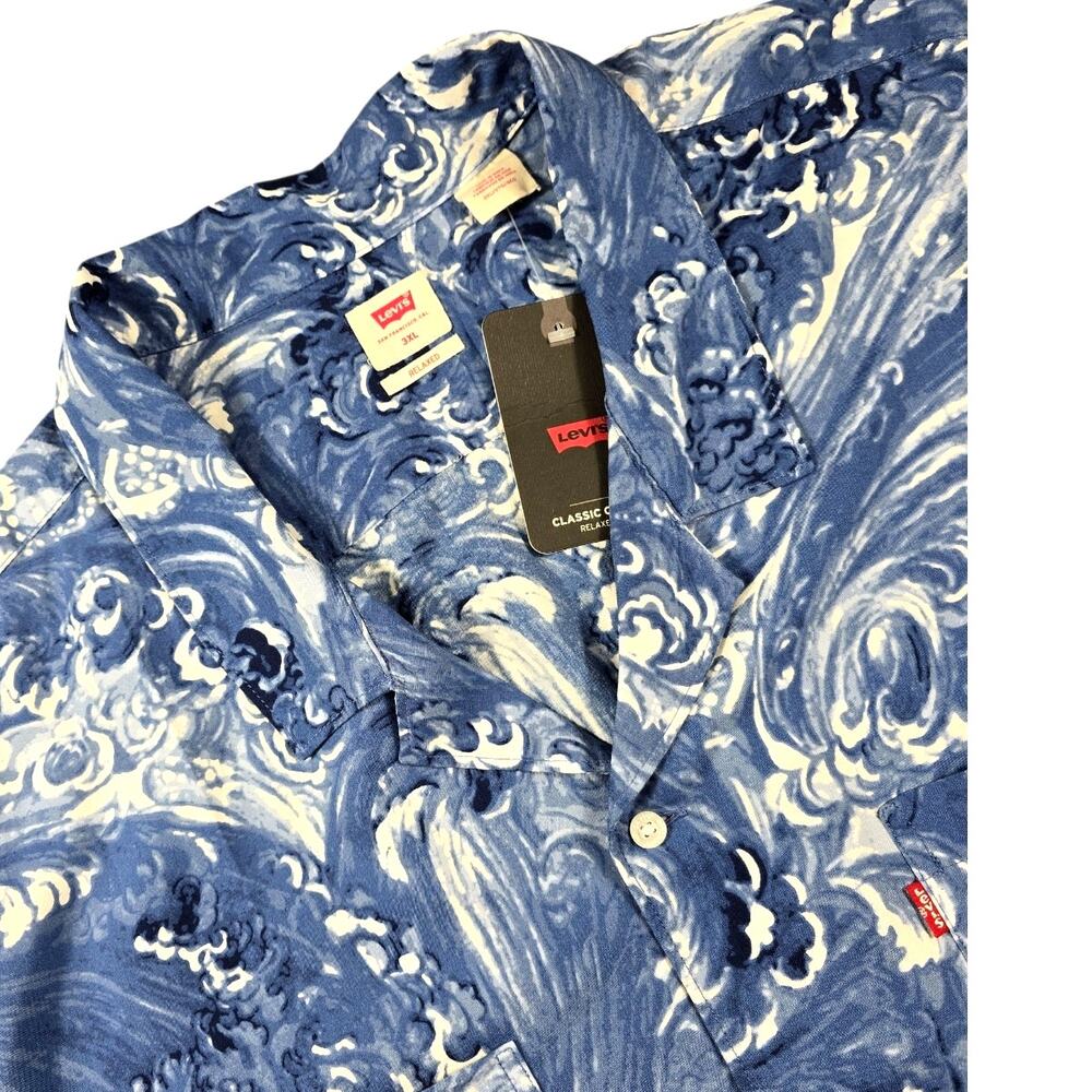 Levi’s Mens 3XL Short Sleeve Camp Shirt Blue Wave Print Relaxed Fit Button Up